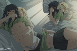 2girls absurdres bed between_thighs black_hair black_shorts blonde_hair blush breasts chinese_commentary closed_eyes clothes_lift commentary covering covering_breasts cuddling ear_blush fafayu fingering grabbing grabbing_another's_breast green_shirt hair_ribbon highres holding_another's_wrist hug hug_from_behind indoors inoue_takina long_hair lycoris_recoil lying midriff multiple_girls navel nipples nishikigi_chisato on_bed one_side_up orange_eyes panties parted_lips pillow red_ribbon ribbon shirt shirt_lift short_hair short_sleeves shorts small_breasts twitter_username under_covers underwear white_panties white_shirt yuri rating:Explicit score:222 user:bot