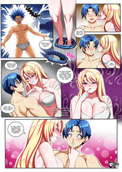 abs artist_logo blonde_hair blue_eyes blue_hair blush comic electric_shock glasses imminent_sex jadenkaiba large_breasts metroid metroid_fusion muscular_male oc samus_aran text tongue undressing rating:Questionable score:23 user:MomSamus