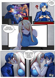 artist_logo blonde_hair blue_eyes blue_hair blush comic computer glasses jadenkaiba keyboard kissing large_breasts metroid metroid_fusion oc samus_aran text tongue rating:Questionable score:23 user:MomSamus