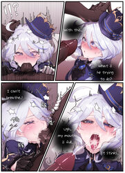 !!? 1girls ahoge big_penis black_gloves blowjob blue_eyes blue_hair blue_jacket blush cheek_bulge clothed_female clothed_sex cum cum_in_mouth cum_on_face cum_on_hair cum_on_tongue dark-skinned_male deepthroat dominant_male ejaculation ejaculation_in_mouth english_text eyelashes facial fellatio femsub first_deepthroat first_oral fully_clothed fully_clothed_female furina_(genshin_impact) genshin_impact goddess half-closed_eyes hand_on_another's_head horori_(halloweenday309) innocent interracial irrumatio large_penis light_blue_hair long_hair male_pubic_hair maledom mini_top_hat mismatched_gloves nervous_sweat open_mouth oral pale-skinned_female pale_skin penis_awe penis_on_face rape source_request steam steamy_breath surprise_deepthroat surprised thick_penis thick_thighs throat tongue_out top_hat wavy_hair white_gloves white_hair rating:Explicit score:556 user:Rravioliiii