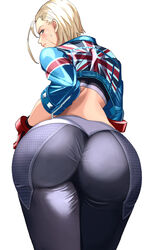 1girls absurdres antenna_hair ass ass_focus back black_pants blonde_hair blue_eyes blush bracelet buttons cammy_white capcom collared_jacket commentary cropped_jacket dat_ass diamond_button female from_behind gloves highres huge_ass jacket jewelry looking_back pants short_hair simple_background solo street_fighter street_fighter_6 sweat tantan_0028 union_jack white_background yoga_pants zipper rating:Questionable score:153 user:Pitchfork