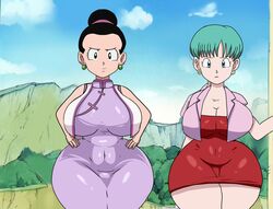 2girls ass big_breasts big_butt black_hair breasts bulma_briefs chichi concerned cyan_hair dragon_ball dragon_ball_z fat_ass francyart34 fully_clothed hands_on_hips pouting thick thick_ass thick_thighs voluptuous wide_hips rating:Questionable score:93 user:ARand0mAnon