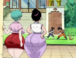 2boys 2girls ass big_breasts big_butt black_hair breasts bulma_briefs canine chichi concerned cyan_hair dragon_ball dragon_ball_z fat_ass francyart34 hands_on_hips pouting son_goku thick thick_ass thick_thighs vegeta voluptuous wide_hips rating:Explicit score:106 user:ARand0mAnon