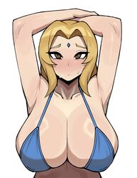 1girls armpits arms_up bikini blonde_hair breasts cleavage donburikazoku female hi_res huge_breasts light-skinned_female light_skin long_hair mature_female milf naruto naruto_(series) naruto_shippuden tsunade rating:Questionable score:176 user:Aeolus_HX