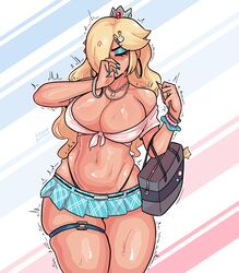 adult adult_female bimbo blonde_hair blush blush_lines bracelet breasts_bigger_than_head cleavage embarrassed gyaru hair_over_one_eye handbag hoop_earrings humiliated humiliation large_breasts loggus_doggus mario_(series) microskirt miniskirt nintendo princess princess_rosalina school_uniform schoolgirl short_skirt super_mario_galaxy thong tiara tremble_lines tremble_spikes trembling tummy wide_hips rating:Questionable score:234 user:Log_draws