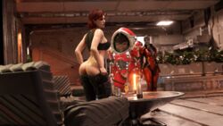 1boy 2girls 3d asari ass bare_ass belethor's_smut blue_skin commander_shepard eyeshadow female femshep green_eyes hi_res krogan looking_back male mass_effect medium_hair no_panties pulling_down_pants red_hair samara undressing rating:Questionable score:26 user:Zomdra