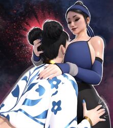 2023 2girls asian asian_female big_ass big_breasts black_hair blue_nails capcom chun-li clothed clothed_female clothing crossover eastern_and_western_character edenian face_in_breasts heart kitana midway mortal_kombat mortal_kombat_11 mortal_kombat_1_(2023) nail_polish netherrealm_studios pale-skinned_female pale_skin popogori space_buns street_fighter street_fighter_6 tagme watermark yuri rating:Explicit score:181 user:Adoptivecandy