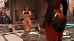 2girls 3d asari ass belethor's_smut bottomless commander_shepard crossed_arms eyeliner female femshep freckles freckles_on_face green_eyes hi_res mass_effect medium_hair no_panties pubic_hair pussy red_hair samara skin_tight sports_bra rating:Explicit score:26 user:Zomdra