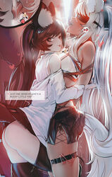 2girls :d animal_humanoid ass ball_gag bangs bare_shoulders black_clothing black_legwear black_thigh_highs blindfold blush bodily_fluids bondage bottomwear bound breast_squish breasts brown_eyes brown_hair canid canid_humanoid canine canine_humanoid clothed clothing collar dominant dominant_female duo ehrrr english_text female female/female fox_humanoid fox_tail french_kissing gag hair hands_behind_back happy_sub heart hi_res humanoid kissing leg_between_thighs legwear long_hair looking_at_viewer looking_pleasured mammal mammal_humanoid no_underwear off_shoulder open_mouth ponytail restrained saliva sex_toy size_difference skirt small_dom_big_sub smile squish standing submissive submissive_female sweat tan_body tan_skin teeth text thigh_highs tongue tongue_out twintails vibrator white_hair yuri rating:Explicit score:187 user:bot