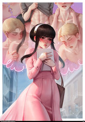 1boy 1girls 2d black_hair blonde_hair blush closed_eyes coat coat_dress comic comic_page fantasizing female fully_clothed fully_clothed_female hairband holding_notebook imagining kissing light-skinned_female light-skinned_male light_skin loid_forger long_hair luminyu male muscular_male notebook page_4 pink_coat red_eyes shirt_lift short_hair spy_x_family tagme yor_briar yor_forger rating:Questionable score:84 user:Quarks