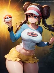 1girls ai_assisted ai_generated blue_eyes brown_hair double_bun erotic_nansensu female female_only hair_between_eyes hair_bun large_breasts long_hair midriff midriff_peek navel nintendo poke_ball pokemon pokemon_(game) pokemon_bw2 rosa_(pokemon) shirt short_shorts thick_thighs twintails visor rating:Questionable score:149 user:donkeyskin