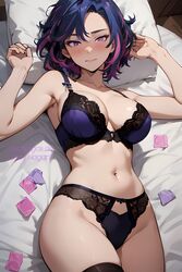 1girl ai_generated bed belly belly_button blush blushing bra condom_wrapper kaina_tsutsumi lady_nagant multicolored_hair my_hero_academia panties pink_eyes pink_hair purple_bra purple_hair purple_panties short_hair stockings tagme rating:Explicit score:187 user:LordSzn_