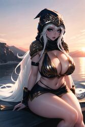 ai_generated ashe_(league_of_legends) big_breasts blush cixf huge_ass huge_breasts league_of_legends league_of_legends:_wild_rift sitting thick_thighs wide_hips rating:Explicit score:32 user:cixf