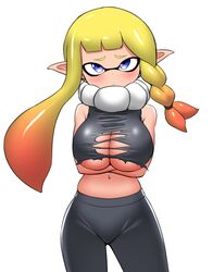 2023 big_breasts black_pants blue_eyes blush blush_lines bursting_breasts embarrassed eye-level_view inkling inkling_girl new_agent_3_(splatoon) nobunagapero peronattu semi_nude splatoon splatoon_3 tentacle tentacle_hair torn_clothes torn_shirt underboob white_background yellow_hair rating:Explicit score:55 user:splatgamer