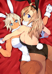 2girls ass blonde_hair blue_eyes blush breasts brown_hair bunny_ears bunnygirl cleavage dark-skinned_female dark_skin female gloves large_breasts leotard long_hair lying muscular_female original pantyhose sela_(sela_god) sela_god short_hair sideboob smile ursula_(sela_god) yuri rating:Questionable score:111 user:chooped