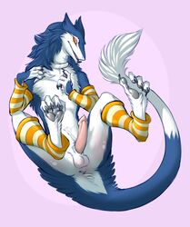  1boy arm_warmers ass balls blush claws collar girly hair kissaartist leg_warmers looking_at_viewer male male_only murrkus nude penis sergal solo spottyjaguar spread_legs spreading striped_socks tail  rating:explicit score: user:bot