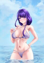  1girls absurd_res armpits bain_(artist) belly belly_button big_breasts bikini bikini_bottom bikini_top deep_navel earrings female female_only genshin_impact in_water innie_belly_button innie_navel legs_in_water long_hair looking_at_viewer midriff navel purple_eyes purple_fingernails purple_hair raiden_shogun sea summer sweat sweating thick_thighs thighs tummy waist water wet  rating:explicit score: user:sphery