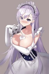 aile_(crossroads) azur_lane bare_shoulders belfast_(azur_lane) blue_eyes breasts cleavage elbow_gloves female gloves grey_background large_breasts long_hair looking_at_viewer maid maid_headdress milk sexually_suggestive simple_background smile solo suggestive_fluid white_gloves white_hair rating:Questionable score:36 user:JJA122