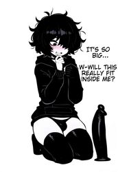 1boy ahoge ai_generated black_choker black_dildo black_hair black_hoodie black_panties black_thighhighs blush bulge caption choker dildo doomer_boy drooling english_text eyeshadow femboy kneeling large_dildo mahiroka messy_hair monochrome pale_skin penis_awe petite self_upload sex_toy skindentation small_penis solo spot_color thick_thighs thighhighs white_background rating:Explicit score:473 user:mahiroka