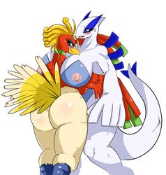 2011 alternate_breast_size ass avian beak big_breasts big_nipples bird blue blue_eyes blush breasts chubby fat feathers female green ho-oh hug huge_breasts lugia nintendo nipples nude open_mouth pokemon pokemorph red red_eyes sssonic2 standing tail thighs white_skin wings yellow rating:Explicit score:84 user:bot