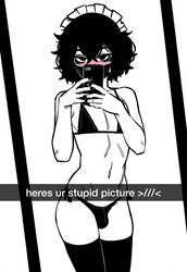  1boy ahoge ai_generated belly black_bikini black_hair black_mask black_nails black_panties black_thighhighs blush bulge caption doomer_boy english_text eyeshadow femboy mahiroka maid_headdress messy_hair mirror monochrome pale_skin petite phone self_upload selfie slim_waist small_penis snapchat solo spot_color standing thighhighs white_background  rating:explicit score: user:mahiroka