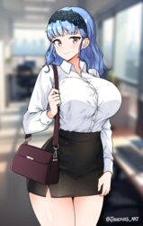 1girls absurdres alternate_costume alternate_hairstyle artist_name artist_signature bag bare_thighs blouse blue_hair blurry blurry_background breasts collared_shirt commission contemporary female female_only fire_emblem fire_emblem:_three_houses fire_emblem_warriors:_three_hopes fully_clothed grey_eyes hairband handbag highres huge_breasts jarckius lace_hairband long_hair looking_at_viewer marianne_von_edmund miniskirt nintendo office_lady official_alternate_hairstyle pencil_skirt shirt shoulder_bag skirt smile solo thighs wide_hips rating:Questionable score:74 user:kris923