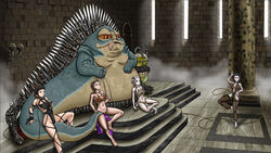 4girls arya_stark auburn_hair belly_dancer belly_dancer_outfit brown_hair chain_leash chained cleavage crossover daenerys_targaryen dancer dancer_outfit dancing femsub fishnets game_of_thrones harem harem_girl harem_outfit humansub hutt iron_throne jabba_the_hutt large_breasts loincloth margaery_tyrell oola_(cosplay) sansa_stark slave slave_bikini slave_collar slave_leia_(cosplay) slave_outfit slavegirl star_wars submissive_female white_hair zarohidehire rating:Questionable score:28 user:TheKindHaremMaster