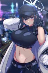  1girls abs arius_satellite_school_logo_(blue_archive) arius_satellite_school_student arius_squad_(blue_archive) belly belly_button blue_archive blue_eyes blue_hair blush breasts city city_background female female_only gun gun_on_back halo hat highres huge_breasts long_hair looking_at_viewer midriff navel rifle saori_(blue_archive) shoulders smile smiling soniakraze stomach waist weapon weapon_behind_back  rating:explicit score: user:sphery