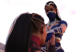 2girls 3d black_hair clone edenian female female_only fully_clothed holding_hands kissing_hand kitana kiteena mileena mortal_kombat mortal_kombat_1_(2023) on_one_knee princess proposal rayalterego23 royalty sisters smile yuri rating:Questionable score:8 user:movesetmain