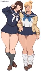 2girls black_socks blonde_female blonde_hair blue_ribbon brown_eyes brown_hair brown_loafers female_focus forelocks fully_clothed gyaru hairbun high_socks holding_arm jujutsu_kaisen knee_socks kneehighs kneesocks lash legwear loafers locks long_sleeves looking_at_viewer loose_socks luckyshazo mimiko_hasaba nanako_hasaba no_penetration only_female panties pantyshot peace_sign school_uniform schoolgirl shoes short_skirt sisters smiling_at_viewer socks socks_and_shoes standing tan_body tan_skin thick thick_ass thick_hips thick_legs thick_thighs v_sign white_ribbon white_socks rating:Explicit score:332 user:Madgoose69