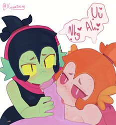 2girls alternate_costume amphibian axolotl_humanoid black_hair blowjob blushing blushing_at_viewer brawl_stars cum_in_mouth dick double_blowjob fully_clothed grabbing_penis green_skin licking_penis looking_at_viewer magenta_eyes moaning offscreen_male oral_sex orange_hair pink_skin purple_penis purple_skin short_hair watermark white_background willow_(brawl_stars) xyraabs yellow_eyes rating:Explicit score:111 user:Just4Pers0n