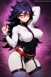 1girls ai_assisted ai_generated arm_up bangs blue_eyes bodysuit boku_no_hero_academia cameltoe domino_mask erect_nipples_under_clothes erotic_nansensu garter_straps hair_between_eyes handcuffs large_breasts midnight_(my_hero_academia) my_hero_academia no_bra purple_hair smile stable_diffusion superheroine thighhighs rating:Questionable score:141 user:donkeyskin