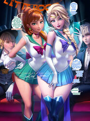 2boys 2girls anna_(frozen) bishoujo_senshi_sailor_moon blonde_hair blue_eyes braid canon_couple compliment cosplay couple crossover dialogue disney disney_princess dreamworks elsa_(frozen) english_text female frozen_(film) green_eyes halloween hat jack_frost jack_frost_(rise_of_the_guardians) jelsa kristanna kristoff_(frozen) male male/female phone posing rise_of_the_guardians sailor_jupiter_(cosplay) sailor_moon_(cosplay) sakimichan selfie short_skirt speech_bubble straight taking_picture thighs tuxedo_mask_(cosplay) white_hair rating:Explicit score:111 user:Maddydragoon