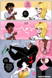 asymmetrical_hair big_breasts black_penis blonde_female blonde_hair blue_eyes carliabot comic cum_in_pussy dark-skinned_male dialogue female gwen_stacy marvel miles_morales penile_penetration ripped_clothing spider-gwen spider-man:_across_the_spider-verse upside-down rating:Explicit score:73 user:StaticShockx