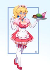 1girls apron blonde_hair blue_eyes breasts brooch bubble_tea drink drinking_straw earrings elbow_gloves food gloves high_heels holding_tray large_breasts looking_at_viewer maid maid_apron maid_headdress maid_uniform mario_(series) nintendo ponytail princess_peach rizdraws standing super_mario_bros. thighhighs tray rating:Questionable score:128 user:medgol