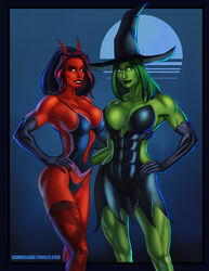 2d 2girls abs armpits big_breasts black_hair cleavage corset costume devil devil_costume devil_horns dress duo elbow_gloves female female_only full_moon fully_clothed gloves green-skinned_female green_eyes green_hair green_lips green_skin halloween hand_on_hip hat highlights hips horns huge_breasts hulk_(series) large_breasts legs lips long_gloves long_hair marvel marvel_comics moon multiple_girls muscle_tone muscles muscular muscular_female pose red-skinned_female red_eyes red_hair red_lips red_she-hulk red_skin revealing_clothes samcooper she-hulk simple_background skin_tight stockings thick_lips thighhighs thighs thong torn_clothes two_tone_hair witch witch_costume witch_hat rating:Questionable score:76 user:MIR0