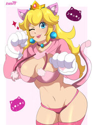 1girls big_breasts blonde_hair blue_eyes breast breasts cat_ears cat_girl cat_peach cat_tail clothing curvy_female female female_only karbuitt looking_at_viewer mario_(series) midriff nintendo princess_peach simple_background solo standing super_mario_3d_world thick_thighs thighhighs thong tongue_out wink rating:Questionable score:67 user:GelbooruAlt