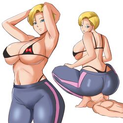 2023 android_18 ass big_breasts bikini_top blonde_hair blue_eyes clothed_female_nude_male dragon_ball dragon_ball_z facesitting hands_behind_head husband_and_wife krillin kuririn leggings looking_at_viewer milf nude nude_male panarandom squatting_on_face thick_ass thick_thighs unseen_male_face very_high_resolution white_background rating:Explicit score:105 user:BlueVertig0