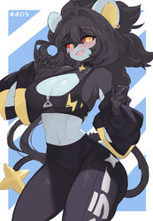 4_fingers absurd_res anthro big_breasts black_body black_fur blue_body blue_fur blush blush_lines bottomwear bra breasts cleavage clothed clothing countershading ear_piercing ear_ring fangs female fingers fur generation_4_pokemon hi_res looking_at_viewer luxray multicolored_body multicolored_fur navel nintendo open_mouth pants piercing pokemon pokemon_(species) pokemorph red_sclera ring_piercing simple_background small_waist smile solo solo_female sports_bra sportswear tail teeth thick_thighs two_tone_body two_tone_fur underwear yellow_eyes yoga_pants yoru_vida rating:Safe score:108 user:GundamStyle