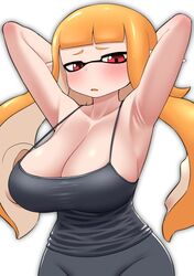 armpits athletic black_legwear blush cleavage embarrassed female_focus female_only hands_behind_head humanoid inkling inkling_girl large_breasts legwear long_hair looking_at_viewer massive_breasts mouth_open nintendo nobunagapero orange_hair peronattu pointy_ears red_eyes simple_background solo solo_female solo_focus spaghetti_strap splatoon splatoon_(series) tagme tank_top tentacle_hair tight_clothing yoga_pants rating:Questionable score:101 user:CursedImages