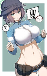 1boy 1girls 2023 ? absurd_res big_breasts bikini bikini_bottom blue_archive breasts female female_focus gin_moku green_eyes hat hips male midriff rabbit_squad_(blue_archive) saki_(blue_archive) saki_(swimsuit)_(blue_archive) sensei_(blue_archive) short_hair srt_special_academy_student swimsuit toned_female toned_stomach rating:Questionable score:46 user:LostinSauce