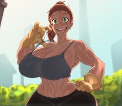 1girls 2022 absurd_res armpits breasts brown_hair cleavage female female_focus gloves green_eyes hips huge_breasts looking_at_viewer midriff ponytail smile smiling smiling_at_viewer solo solo_female solo_focus sungerart tank_top rating:Questionable score:99 user:LostinSauce