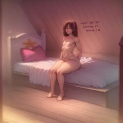  1girls ai_assisted ai_generated barefoot bed breasts brown_hair female gravity_falls hairband indoors lips long_hair mabel_pines navel nipples nose nude on_bed pillow sitting skoll_nsfw small_breasts solo thick_thighs toes wide_hips  rating:explicit score: user:skoll_nsfw