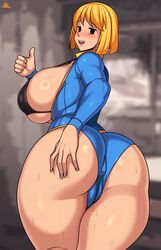 1girls alternate_version_available ass big_ass big_breasts black_bra black_eyes blonde_hair blue_leotard bra breasts clothing fallout female female_only hair hand_on_ass huge_ass huge_breasts jmg leotard looking_back open_clothes short_hair solo solo_female sweat sweatdrop thick_thighs thighs thumbs_up vault_girl wet wet_pussy rating:Explicit score:197 user:daft_human