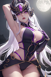 absurd_res absurdres ai_generated arm_up armpits black_gloves black_leotard breasts cleavage cowboy_shot ear_protection elbow_gloves female full_moon gloves hand_on_own_chest hi_res highleg highleg_leotard highres large_breasts league_of_legends league_of_legends:_wild_rift leotard lips long_hair looking_at_viewer moon night night_sky parted_lips purple_eyes ree0 riot_games sideboob sky solo syndra very_long_hair white_hair rating:Explicit score:32 user:Ree0