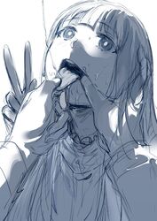 1girls 1other ambiguous_gender ambiguous_pov bangs blush clothed clothing commentary english_commentary female fern_(sousou_no_frieren) greyscale hews hews_hack highres holding_tongue long_hair looking_up monochrome mouth_hold mouth_open open_mouth peace_sign pov saliva saliva_trail sketch solo_focus sousou_no_frieren tongue tongue_out upper_body rating:Questionable score:301 user:DrunkSteroid