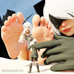 1boy 2girls 3d asagamiyo blindfold breasts clothed clothing feet female giantess light-skinned_female light-skinned_male light_skin macro male micro nier nier:_automata short_hair size_difference white_hair yorha_2b yorha_9s yorha_a2 rating:Questionable score:24 user:degen444