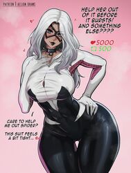 1girls aelion_draws bad_anatomy black_cat_(marvel) blue_eyes breasts choker clothed dialogue english_text felicia_hardy female female_only hips huge_breasts hyper_thighs light-skinned_female light_skin lipstick long_hair looking_at_viewer marvel marvel_comics massive_thighs smile solo spider-gwen_(cosplay) spider-man_(series) text thick_thighs thigh_gap thighs thunder_thighs white_hair wide_hips rating:Questionable score:374 user:Aeolus_HX