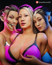 3d 3d_(artwork) 3girls big big_breasts breasts brown brown_eyes edenian female female_only francis_brown gaming incest kitana mileena mortal_kombat mortal_kombat_1_(2023) mother_and_daughter mother_and_daughters sindel yuri rating:Explicit score:118 user:WalkBesideMe