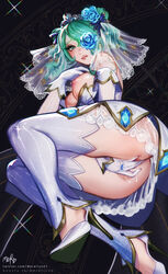 artist_name ass bare_shoulders black_background blue_flower breasts crystal_rose_gwen_prestige_edition crystal_rose_series double_bun dress female flower flower_over_eye from_behind gloves green_eyes green_hair gwen_(league_of_legends) hair_bun hair_flower hair_ornament high_heels highres large_breasts league_of_legends league_of_legends:_wild_rift lingerie long_sleeves lying merellyne nipples no_panties on_side prestige_skin pussy_juice short_hair striped_sleeves teeth thighhighs twitter_username underwear veil web_address wedding_dress wedding_veil white_dress white_gloves white_thighhighs rating:Explicit score:150 user:bot